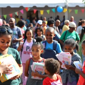 Community festival with children and families receiving school supplies.