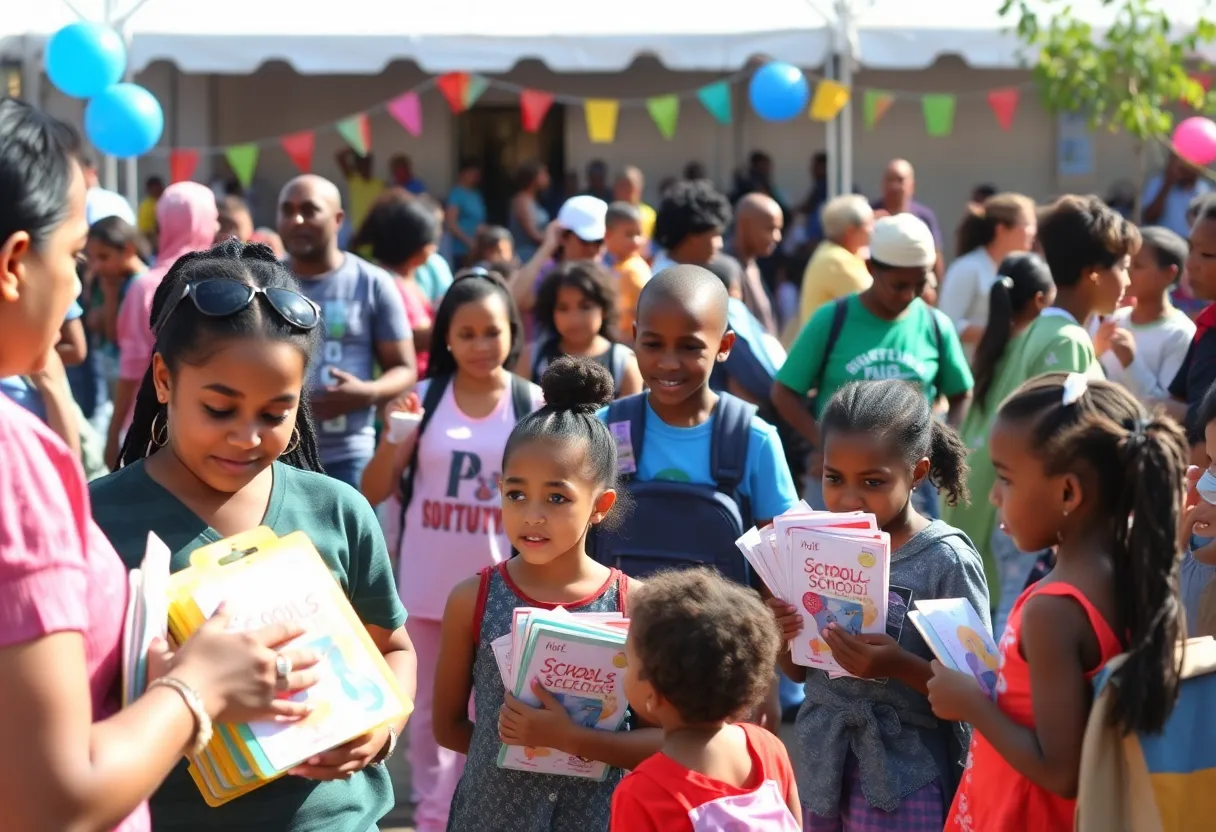 Community festival with children and families receiving school supplies.