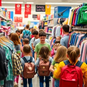 Families shopping for back-to-school supplies in a retail store.