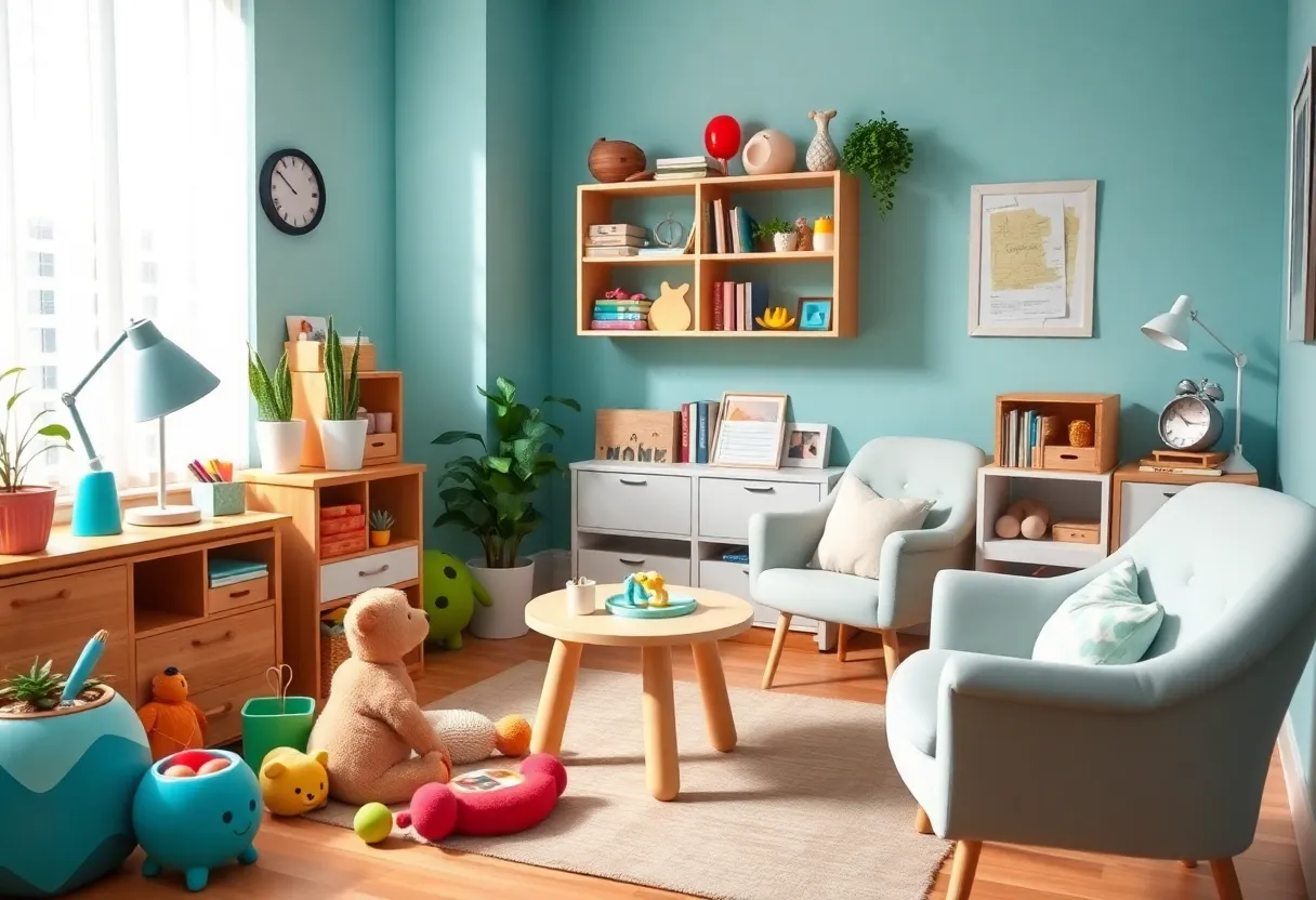 A child-friendly psychiatrist office with toys and therapy tools