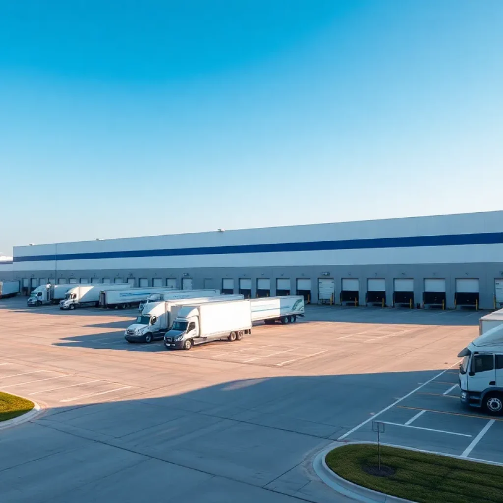 Exterior view of a Class-A distribution facility with trucks parked and clear skies.