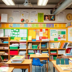 A colorful classroom with teaching materials and resources for educators