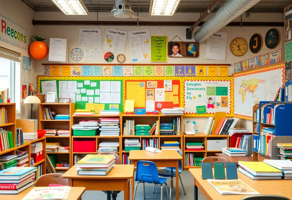 A colorful classroom with teaching materials and resources for educators