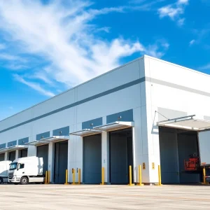 Exterior view of a large cold storage facility in Georgia with trucks and loading areas.