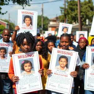 Community members rallying for missing children awareness with search posters.