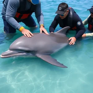 A rescue team helps a stranded dolphin in a lagoon