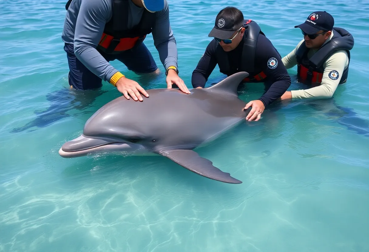 A rescue team helps a stranded dolphin in a lagoon