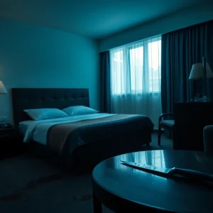 Hotel room with signs of violence and a knife on the table