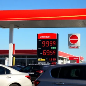 Gas station displaying current gas prices.