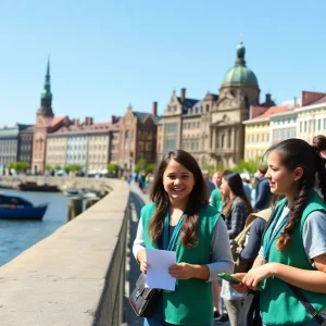 Girl Scouts participating in activities along Savannah's historic riverfront.