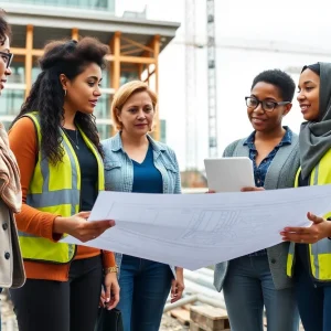 Group of women engineers collaborating on infrastructure project