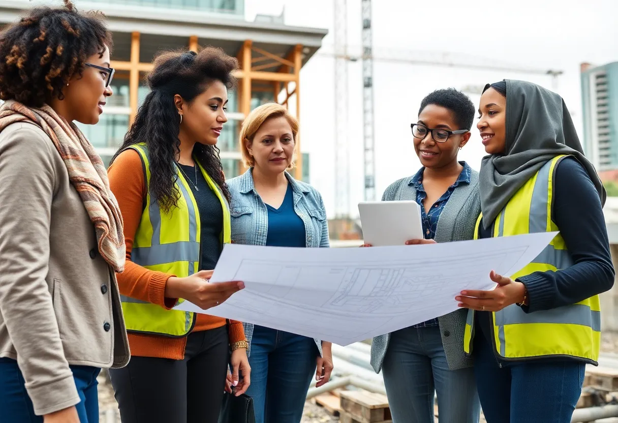 Group of women engineers collaborating on infrastructure project