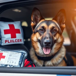 Savannah police dog with a medical kit in the vehicle