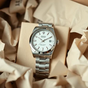 Luxury Rolex watch with empty shipping box