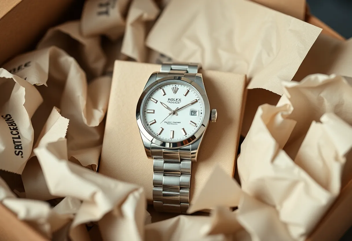 Luxury Rolex watch with empty shipping box