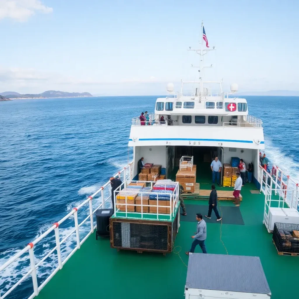 Ferry boat operating in coastal waters with passengers and cargo.