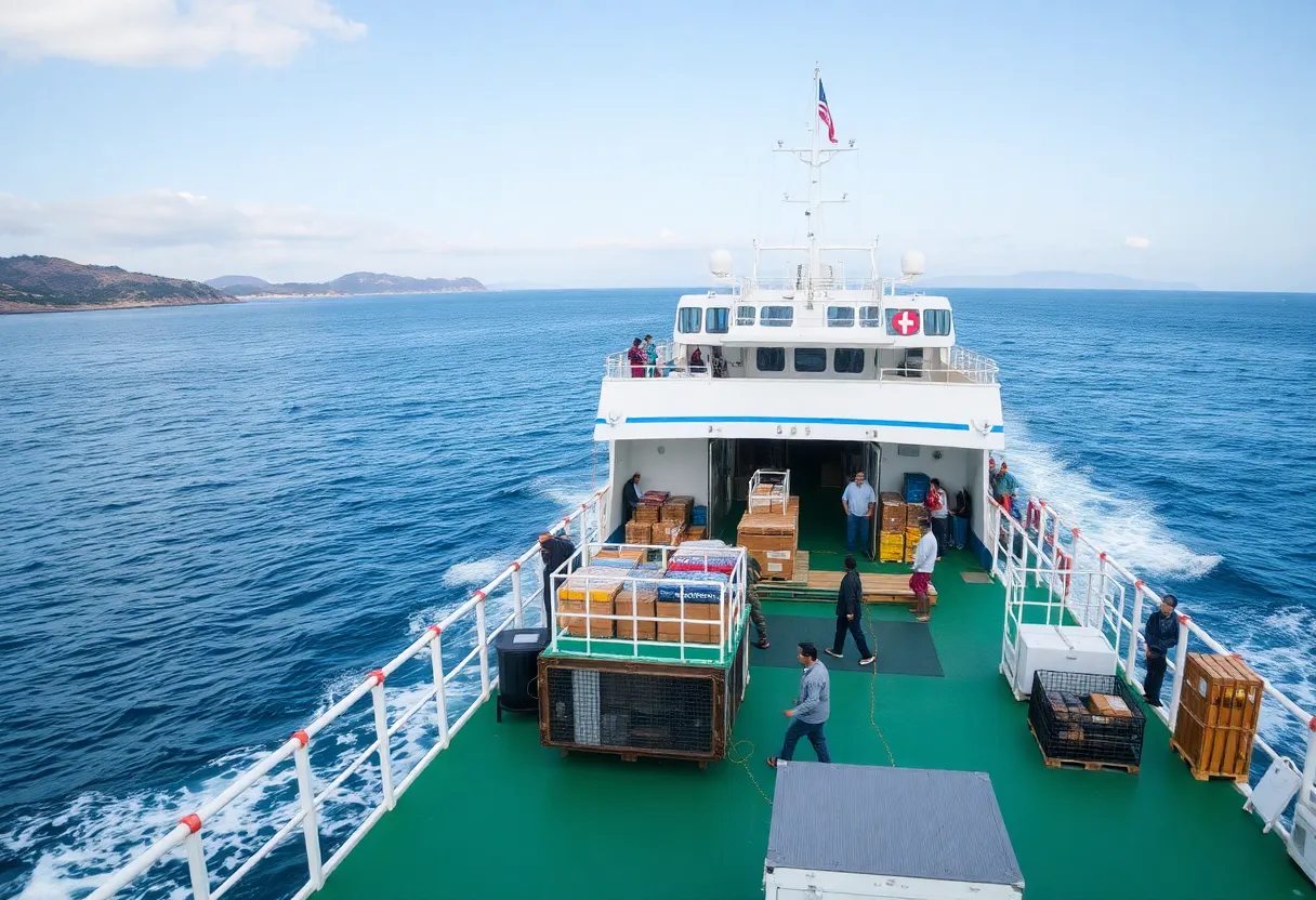 Ferry boat operating in coastal waters with passengers and cargo.