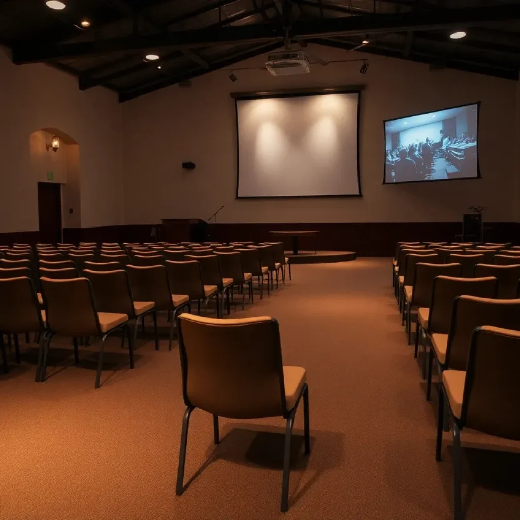 Interior of Compassion Christian Church set up for midweek worship services, featuring film projectors and soft lighting.