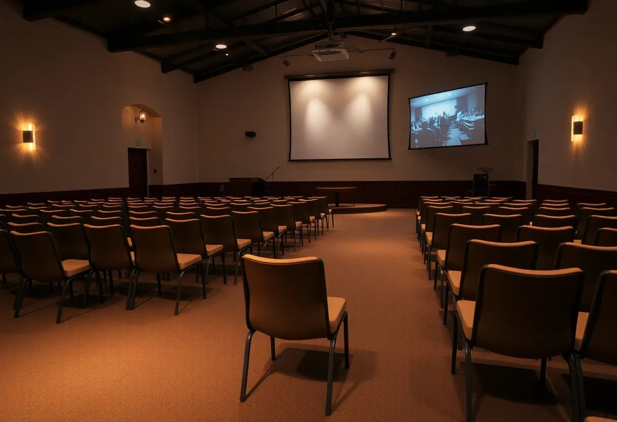 Interior of Compassion Christian Church set up for midweek worship services, featuring film projectors and soft lighting.