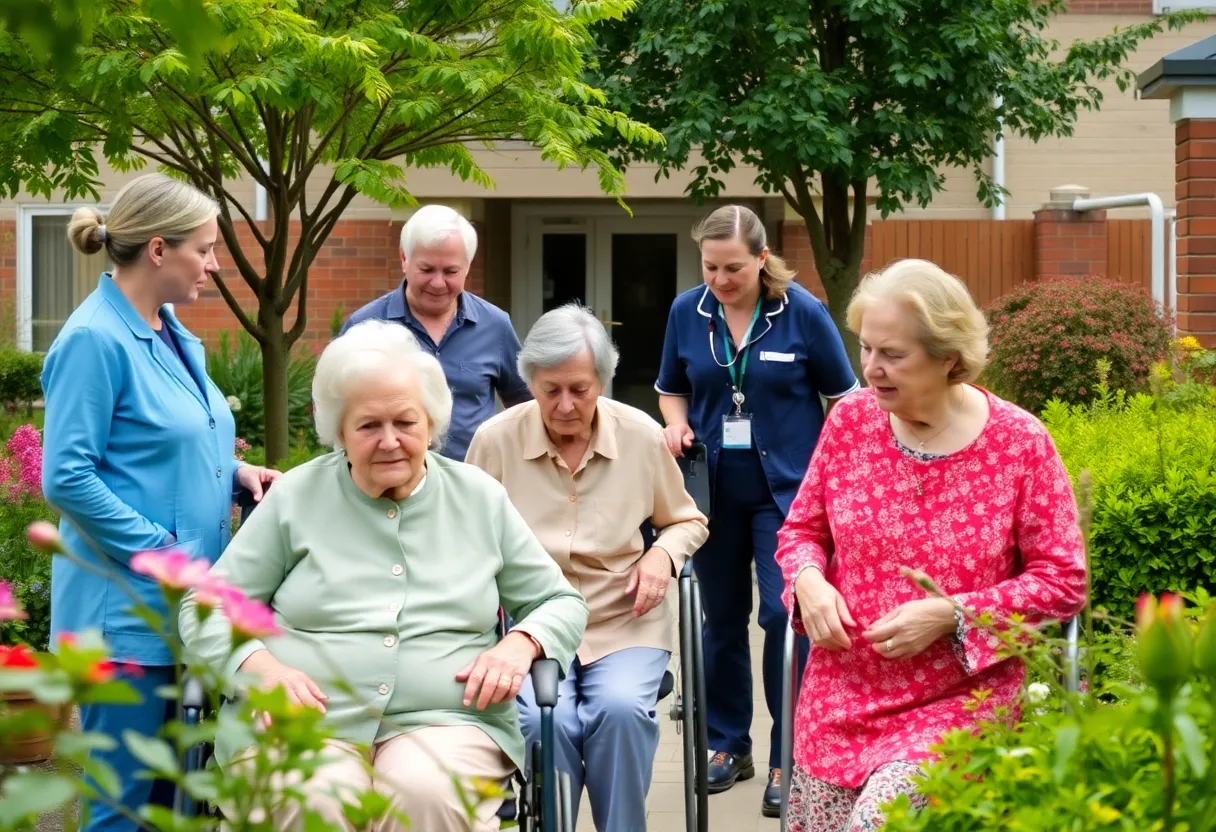 Elderly residents in a nursing home garden