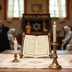 A serene depiction of a Jewish community event, symbolizing unity and interfaith dialogue.