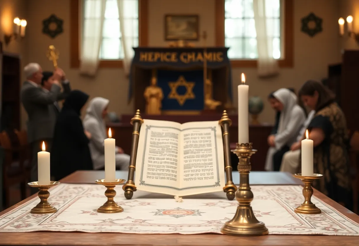 A serene depiction of a Jewish community event, symbolizing unity and interfaith dialogue.