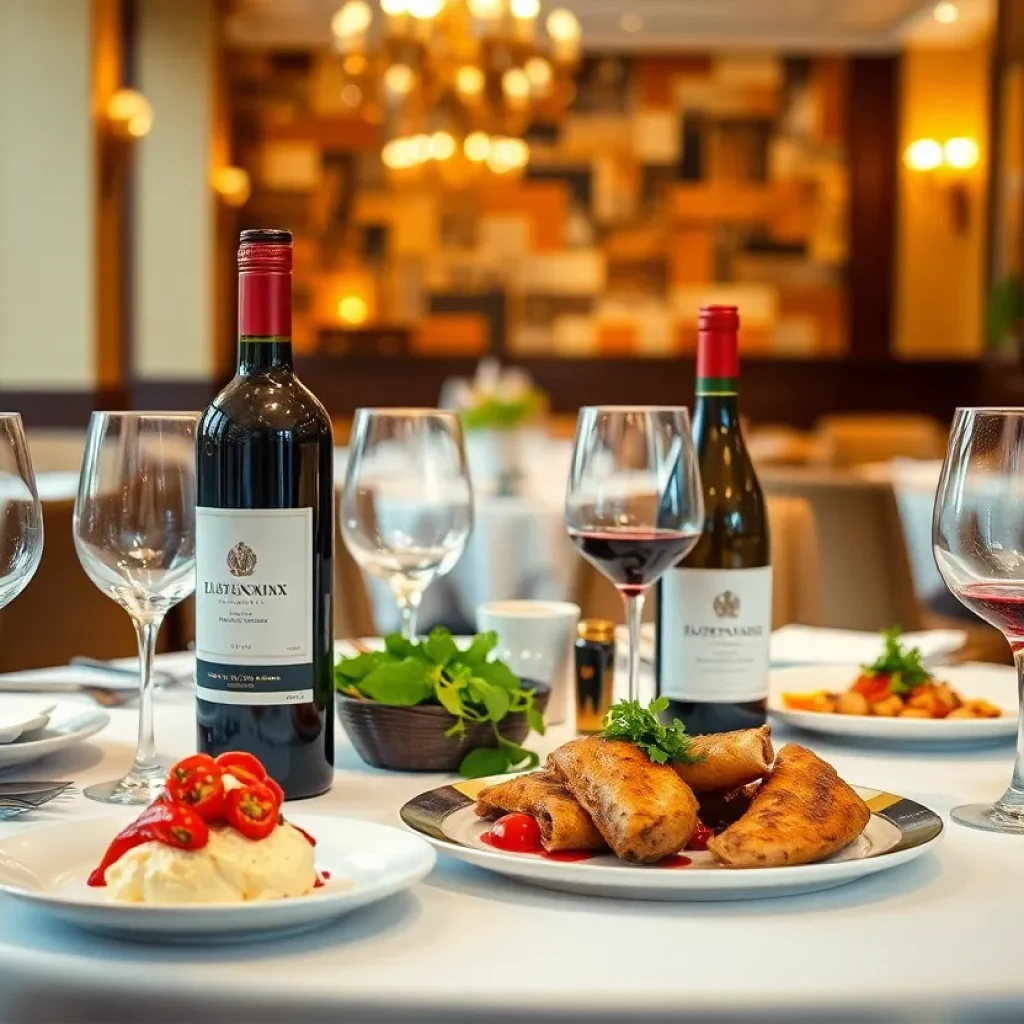 Elegant table setting at a fine dining restaurant featuring wine and gourmet food.