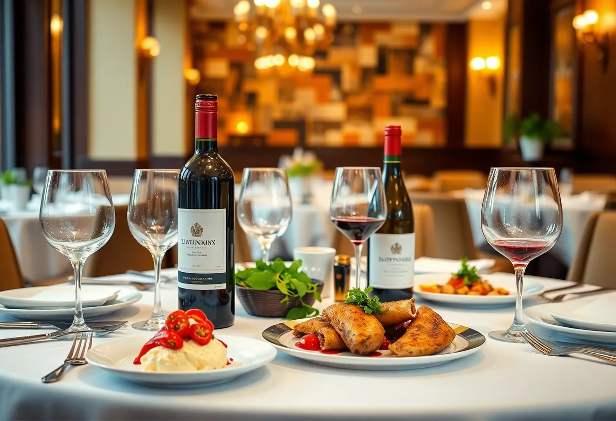Elegant table setting at a fine dining restaurant featuring wine and gourmet food.