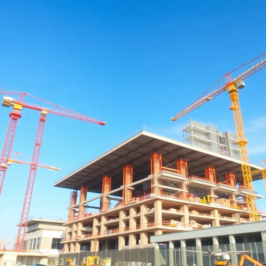 Construction site of Savannah airport expansion with cranes and building structures.