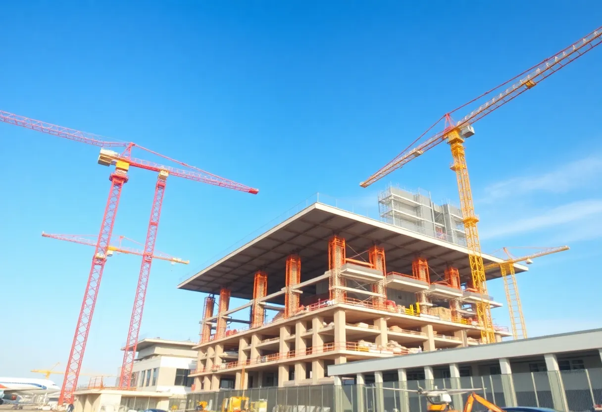 Construction site of Savannah airport expansion with cranes and building structures.