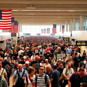 Crowded Savannah airport terminal during Fourth of July holiday