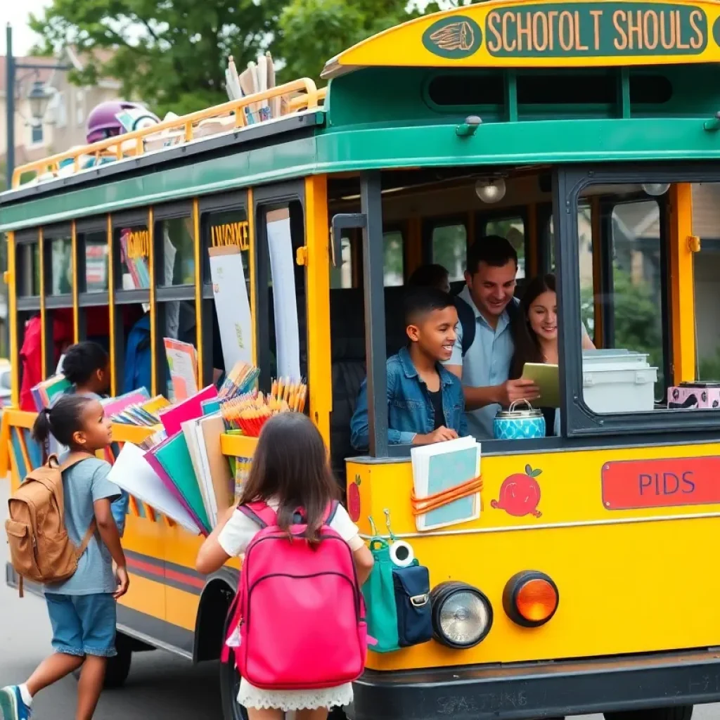 Trolley delivering back-to-school supplies in Savannah neighborhood