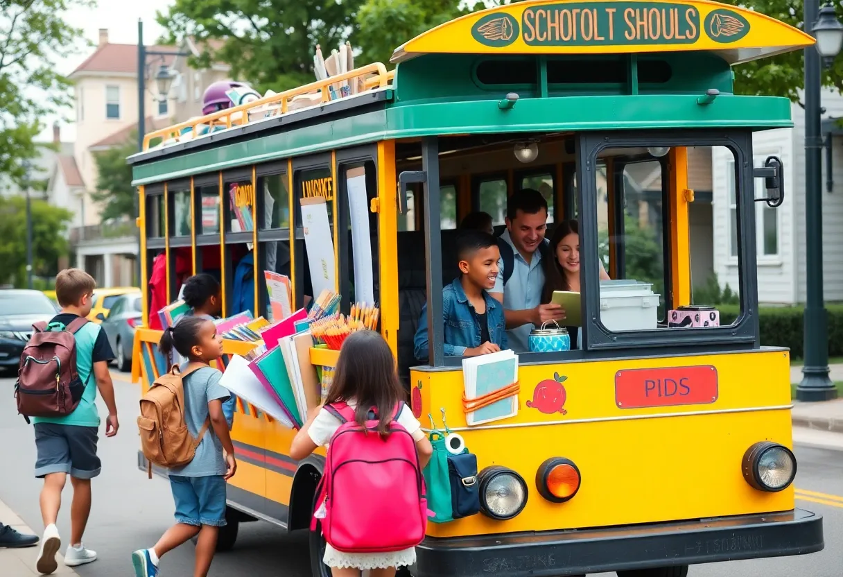 Trolley delivering back-to-school supplies in Savannah neighborhood