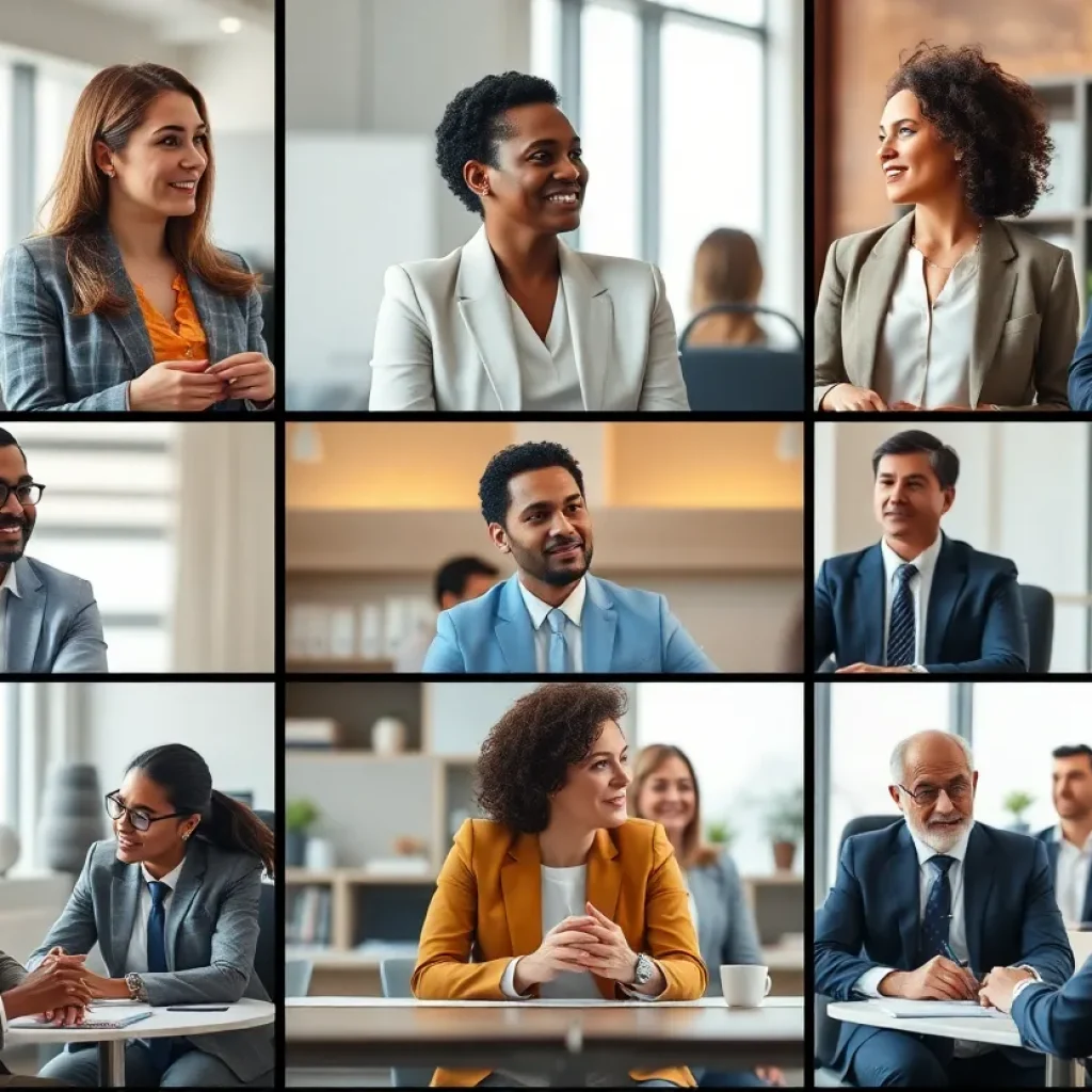 Diverse professionals in an office collaborating on community initiatives.