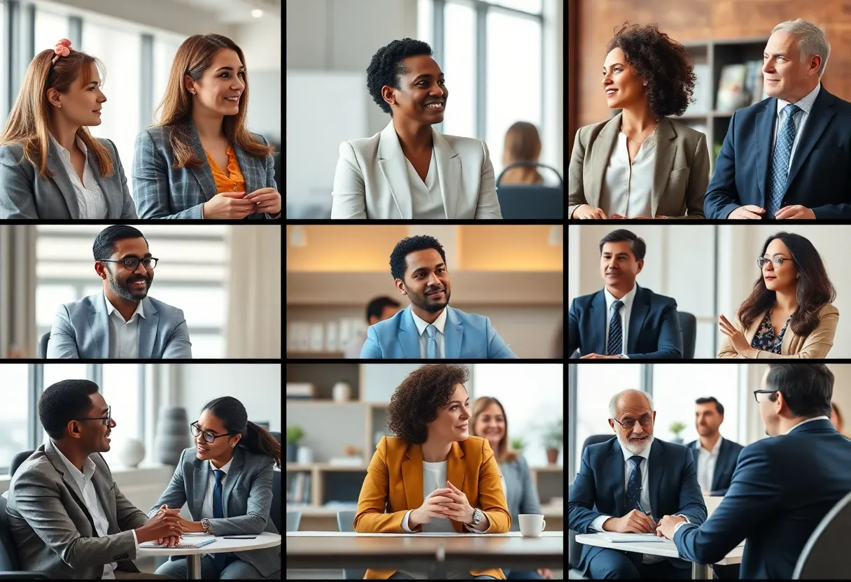 Diverse professionals in an office collaborating on community initiatives.