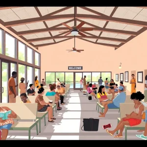 Families enjoying relief at a Savannah cooling center during extreme heat.