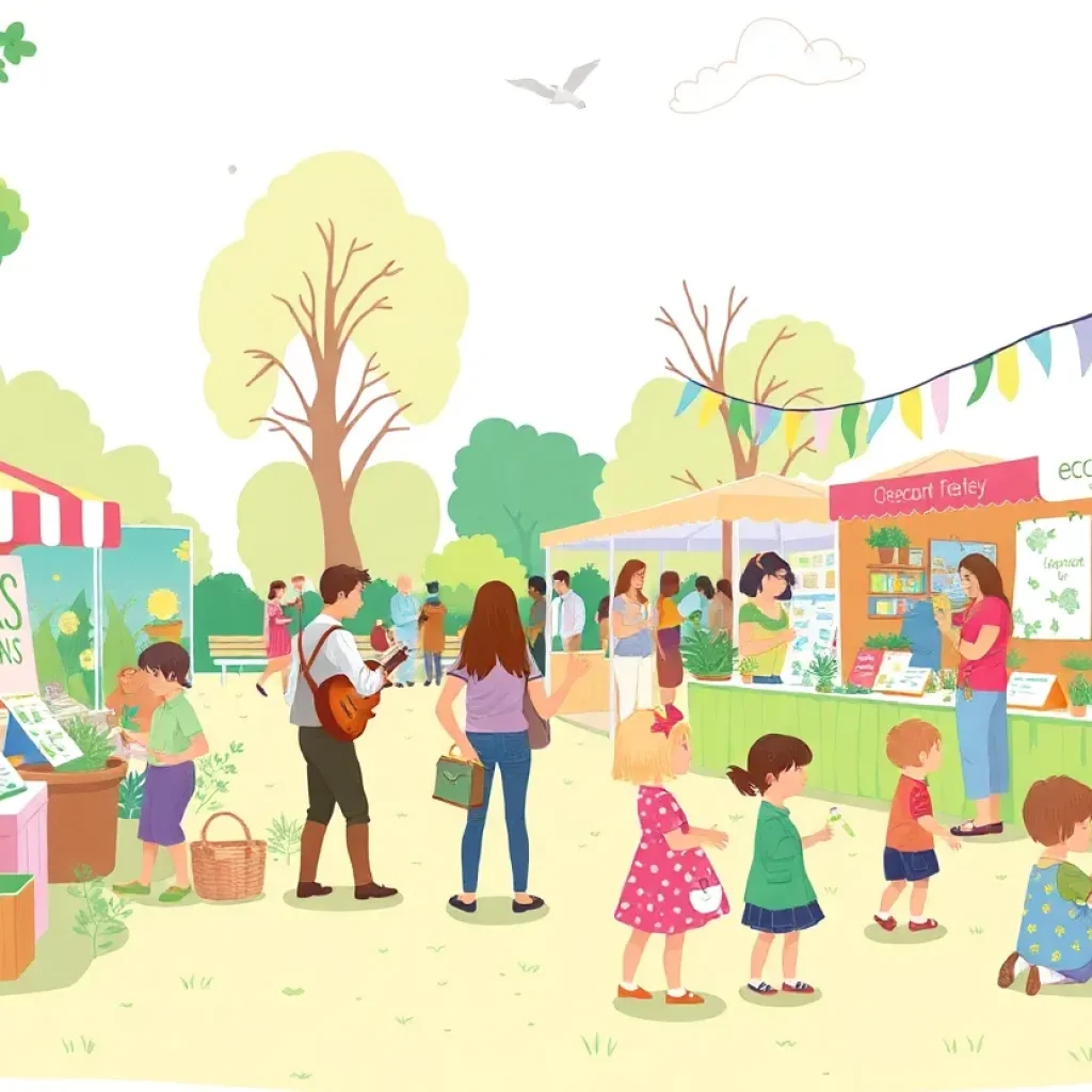 Families enjoying Savannah's Earth Day Festival with eco-friendly exhibits and activities