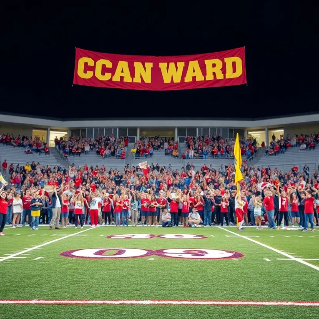 Football field at Savannah High School with cheering students