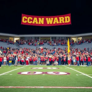 Football field at Savannah High School with cheering students