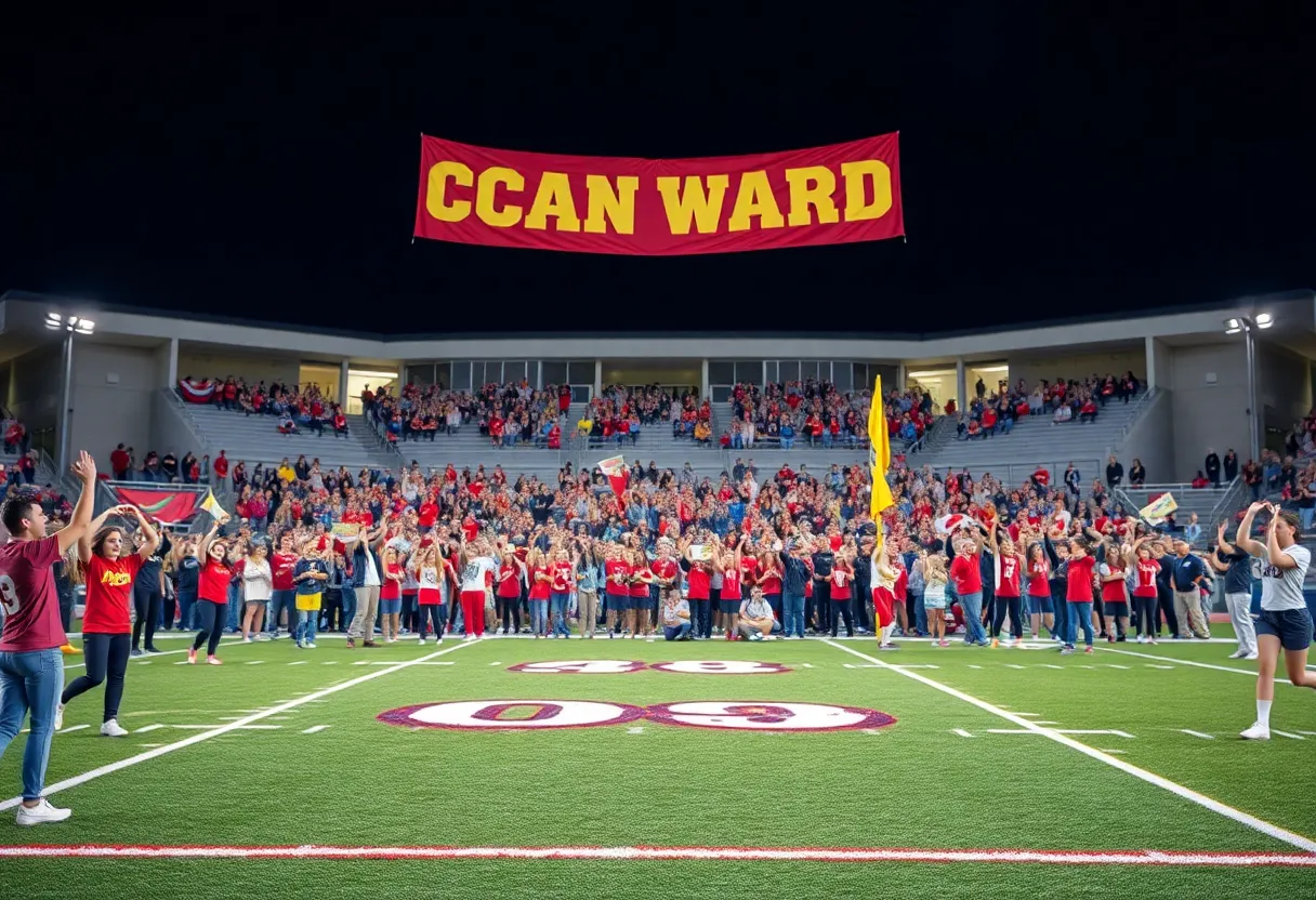 Football field at Savannah High School with cheering students