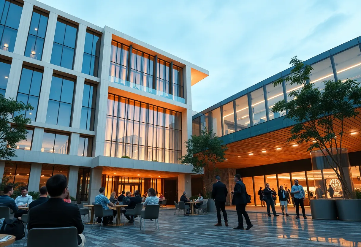 A conceptual view of a new hotel being developed adjacent to a convention center in Savannah.