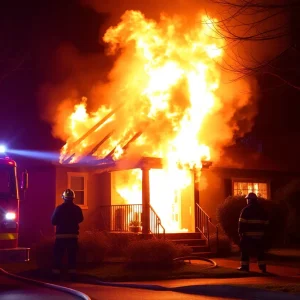 Firefighters responding to a house fire in Savannah, flames and smoke visible.