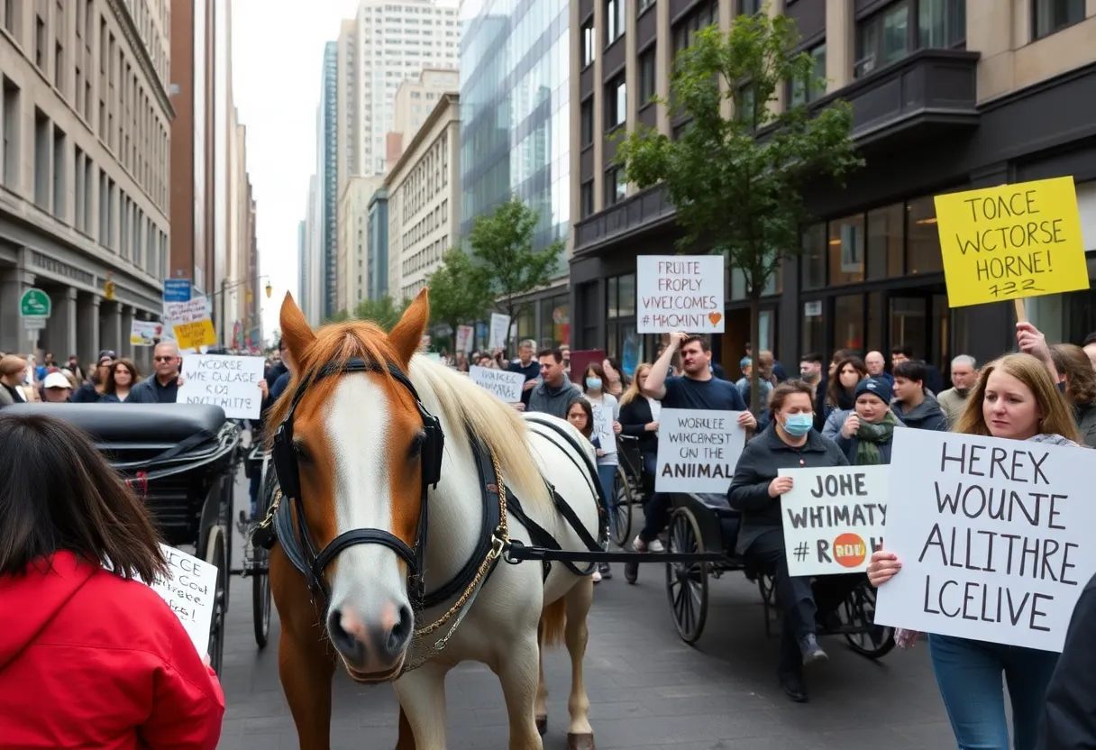 Protesters advocating for horse welfare regulations in downtown Savannah