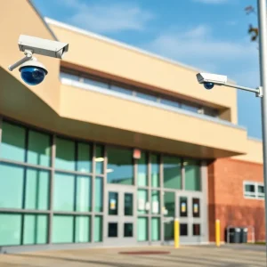 Modern school building with security systems