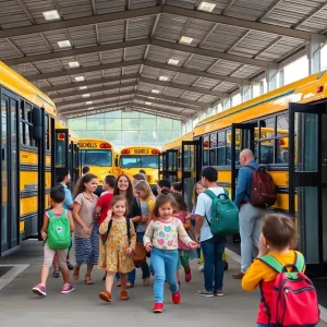 Freshly washed school buses at Savannah transportation hub