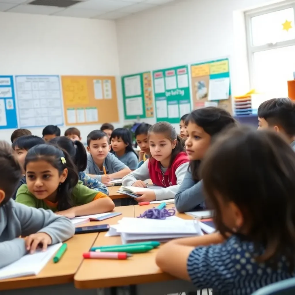 Diverse students in a classroom setting engaged in learning.