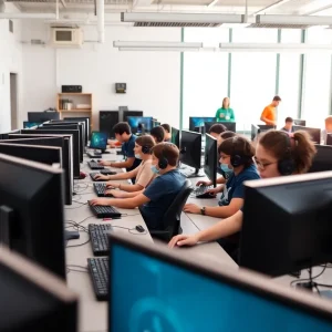 Interior view of the Savannah State University esports lab with students engaging in gaming.