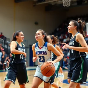 Women’s basketball team in action on the court during a game.