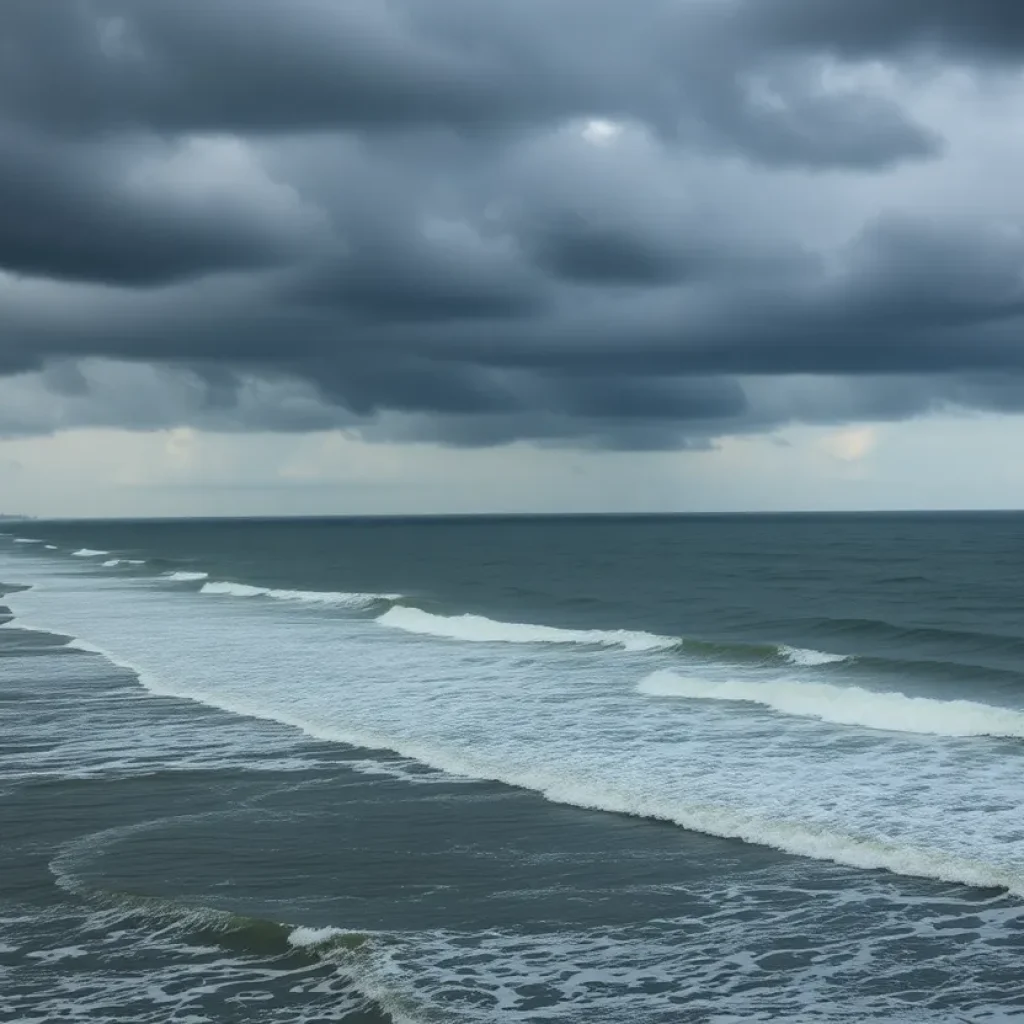 Stormy weather over the coast of Savannah with dark clouds and rough waves.