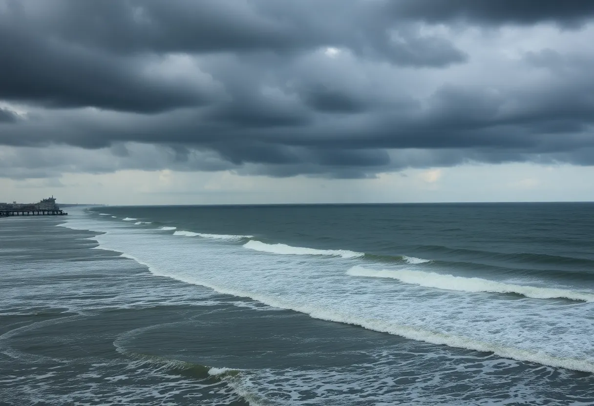 Stormy weather over the coast of Savannah with dark clouds and rough waves.